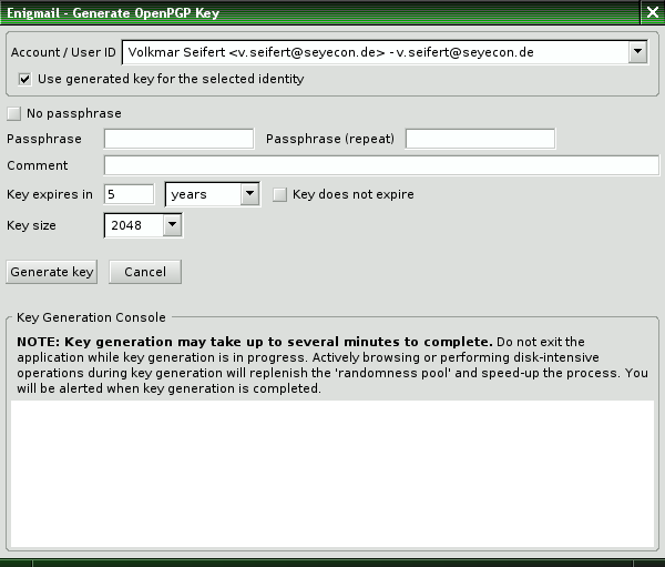 2.2. E-MAIL MIT GNUPG KAPITEL 2. PGP IM EINSATZ Abbildung 2.10.: Enigmail: Schlüsselerzeugung Account / User ID: Das Thunderbird-Konto, das als Identität für den Schlüssel hergenommen werden soll.
