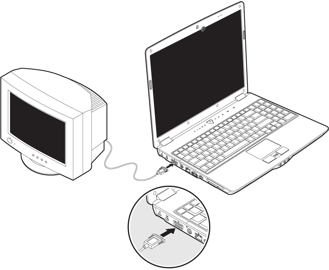 Anschluss eines externen Monitors Das Notebook verfügt über eine VGA-Anschlussbuchse (18) für einen externen Monitor. 1.