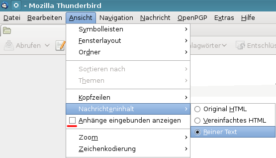 6.2. MOZILLA THUNDERBIRD 159 6.2.3 Sichere Konfiguration des E-Mail Client Einige Hinweise für die sichere und unbeobachtete Nutzung des Mediums E- Mail mit Mozilla Thunderbird: Mit der Verwendung
