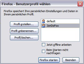 11.4. JONDONYM NUTZEN 255 Abbildung 11.11: Profil beim Start von Firefox wählen Die Lesezeichen kann man vom Profil default übernehmen (exportieren und immportieren) oder via Firefox Sync holen.