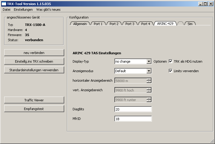 4.3. Konfiguration ARINC-429 Schnittstelle (nur TRX-1500A) Konfiguration ARINC-429 Schnittstelle (nur TRX-1500A) Display-Typ: Durch Auswahl eines Displaytyps werden die hierfür erforderlichen Werte