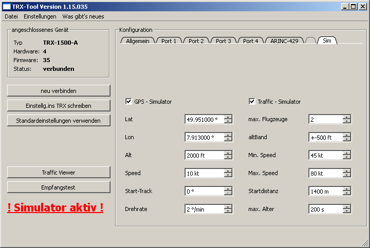 4.5. Simulatorfunktion Konfiguration Simulator Zum Test des Zusammenspiel zwischen angeschlossenem Display und TRX kann im TRX ein Simulator aktiviert werden.