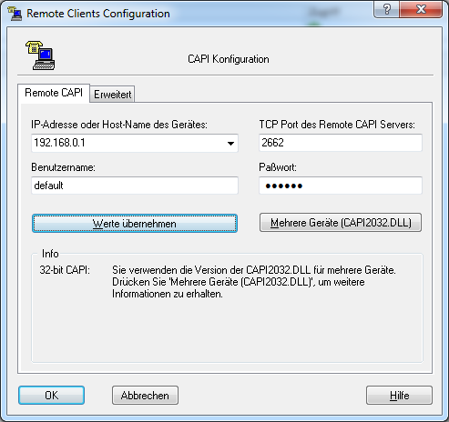 Folgende Punkte sind hier relevant: IP-Adresse Benutzername Paßwort Tragen Sie die IP-Adresse vom Media Gateway ein. Hier steht der Benutzername für die CAPI Registrierung.