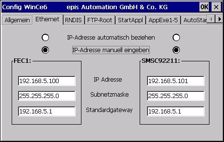 Inbetriebnahme IP-Adresse im smart9 einstellen Unter dem Karteireiter Ethernet wählen Sie unter dem Eintrag FEC1 die Option IP -Adresse manuell eingeben.