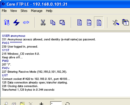 Remote Zugriffe WinCE 2. Starten des FTP-Clients Tragen Sie die IP-Adresse des smart9 bzw. cosys9 ein. Als Benutzername ist standar dmäßig admin mit Passwort epissmb2000 eingerichtet, bzw.