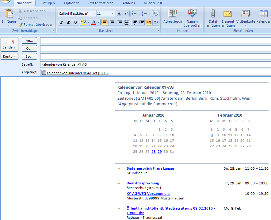 Seminar Outlook Internetkalender - 2010 by www.dozent-online.de / - 3-2.) Nach Bestätigen des OK-Buttons erscheint im Outlook-Email-Inhaltsfenster der für den Emailversand ausgewählte Kalenderbereich.