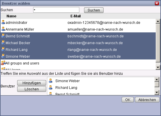 1&1 MailXchange 4.0 29 3. Klicken Sie in der oberen Bearbeitungsleiste auf den Button Hinzufügen. 4. Wählen Sie die Benutzer, die Ihre Dateien sehen dürfen, aus der Liste aus und klicken Sie auf Hinzufügen.