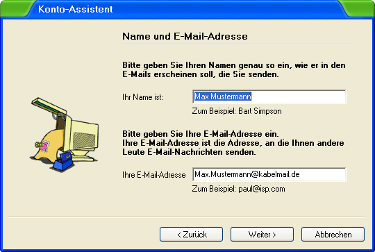 3. Geben sie ihren gewünschten Kontonamen und Ihre E- Mail Adresse des Kabel Deutschlands Kontos ein (z.b. Max.Mustermann@kabelmail.de) und klicken Sie auf Weiter. 4.