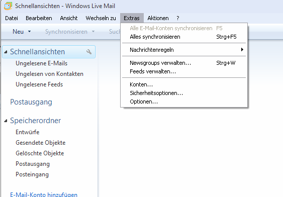 5. Windows Live Mail wird gestartet. Klicken Sie in der oberen Menüzeile auf das kleine Icon Menüleiste anzeigen.