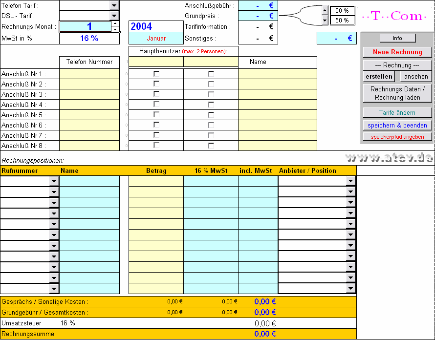 Anleitung zu T-Com Rechnungsprogramm für Excel Inhaltsverzeichnis: 1) Programm Installation Seite: 2 2) Wichtige Einstellung in Microsoft Excel Seite: 2 3) Nach dem Programmstart (Zellen