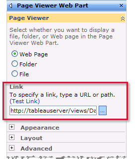 6. Am rechten Rand der Seite können Sie die Attribute des Seiten-Viewer-Webparts angeben. Geben Sie die URL der Ansicht ein, die Sie einbetten möchten.