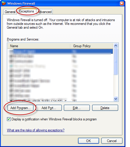 Für Windows XP Firewall: 1. Wählen Sie in der Systemsteuerung die Option Sicherheitseinstellungen. 2.