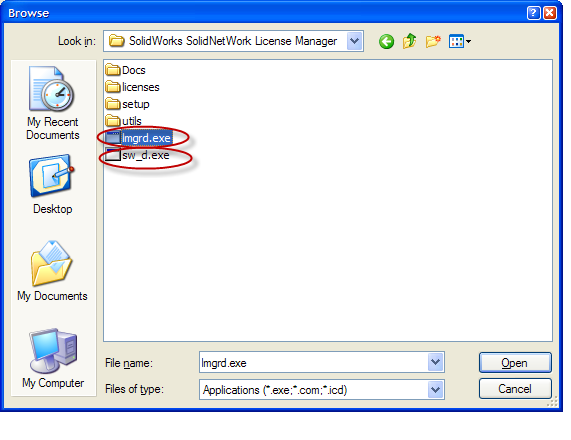 Für Windows XP Firewall: 3. Wechseln Sie zum Ordner, in dem der SolidWorks SolidNetwork Lizenz-Manager installiert wurde, und wählen Sie die Dateien Lmgrd.exe und sw_d.exe aus. Wenn lmgrd.