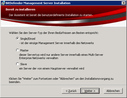 Wenn sie nur die BitDefender Management Konsole installieren möchten, gehen Sie direkt zu Schirtt 10 - Installation starten (S. 33).