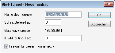 IPv6 3. Wechseln Sie im Konfigurationsdialog in die Ansicht IPv6 > Tunnel und klicken Sie auf 6to4-Tunnel. 4. Klicken Sie auf Hinzufügen, um einen neuen 6to4-Tunnel anzulegen.