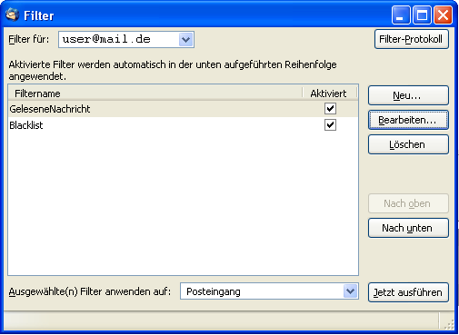 Filter anzeigen Filter werden mit Hilfe von Extras Filter angezeigt. Filter werden in Abhängigkeit des, im Kombinationsfeld ausgewählten, E- Mail-Konto angezeigt.