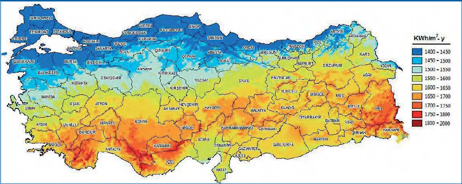 NEUE MÄRKTE FÜR DIE PHOTOVOLTAIK Die Bedingungen variieren zwischen den einzelnen Regionen. Südost-Anatolien nimmt hier mit einem Wert von durchschnittlich 1460 kwh/m² p.a. (2993 Sonnenstunden /Jahr) die Spitzenposition ein.