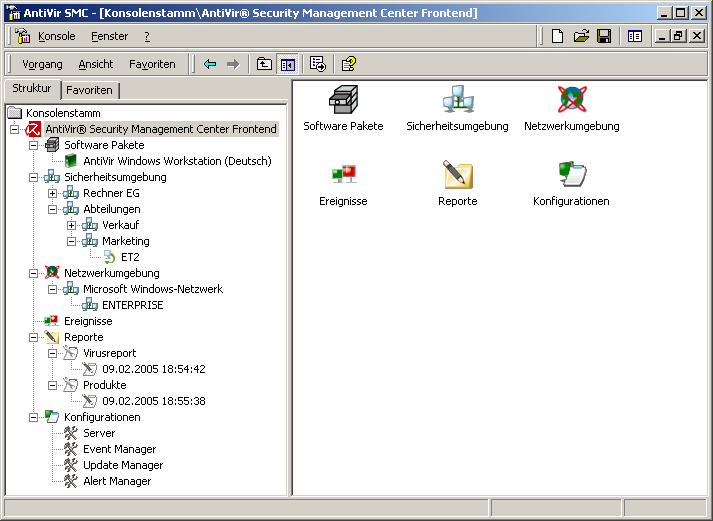 Programmoberfläche des AntiVir SMC 4.2 Benutzeroberfläche der SMC-Frontend Mit der SMC-Frontend konfigurieren und bedienen Sie den SMC-Server, die Dienste und die Computer in der Netzwerkumgebung bzw.