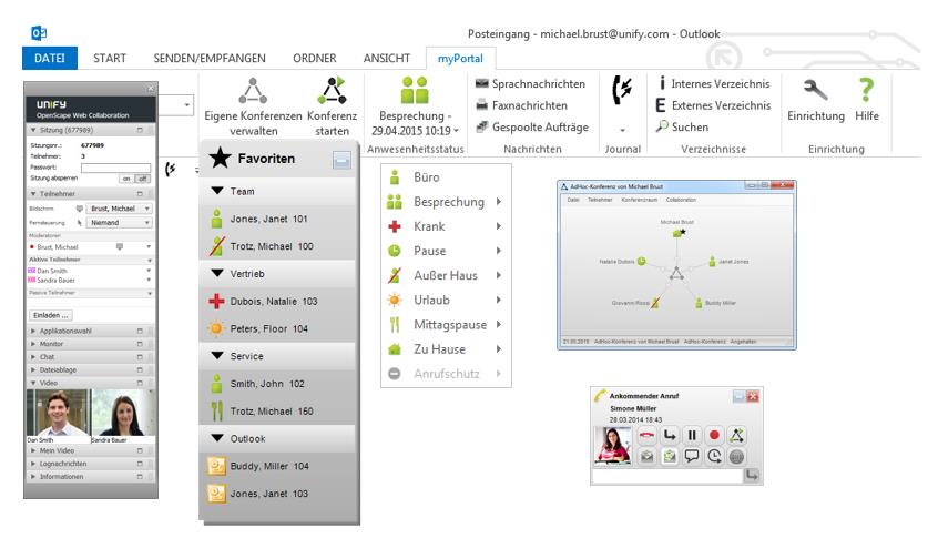 OpenScape Business UC Suite myportal for Desktop und myportal for Outlook Web-Collaboration Outlook Integration Favoriten Instant Messaging Anrufe aufzeichnen Integrierte Präsenz Visuelle Voicemail