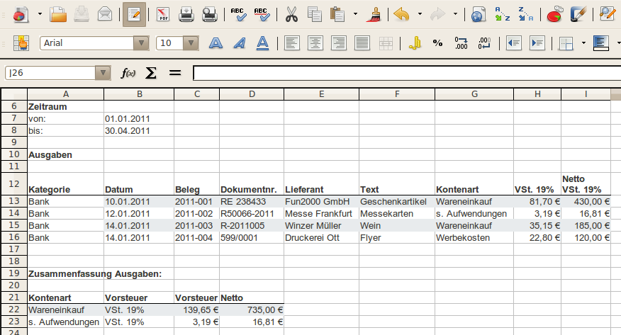 Import und Export von Daten Export Liste Einnahmebelege Exportiert eine Liste mit den Einnahmen (Einnahmebelege) in eine OpenOffice.org / LibreOffice Tabelle.