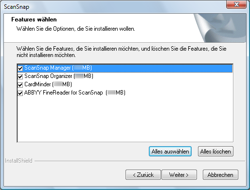 Installation unter Windows 7. Vergewissern Sie sich, dass alle Kontrollkästchen der zu installierenden Programme markiert sind und klicken dann auf die [Weiter] Taste.