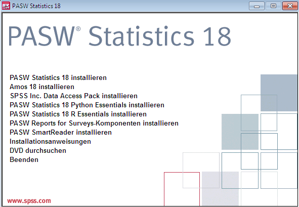 2 Installationsanleitung PASW/SPSS 1. Installation SPSS 18 von einem Datenträger Legen Sie den Datenträger in Ihr DVD Laufwerk ein. Die Installationsroutine sollte automatisch starten.