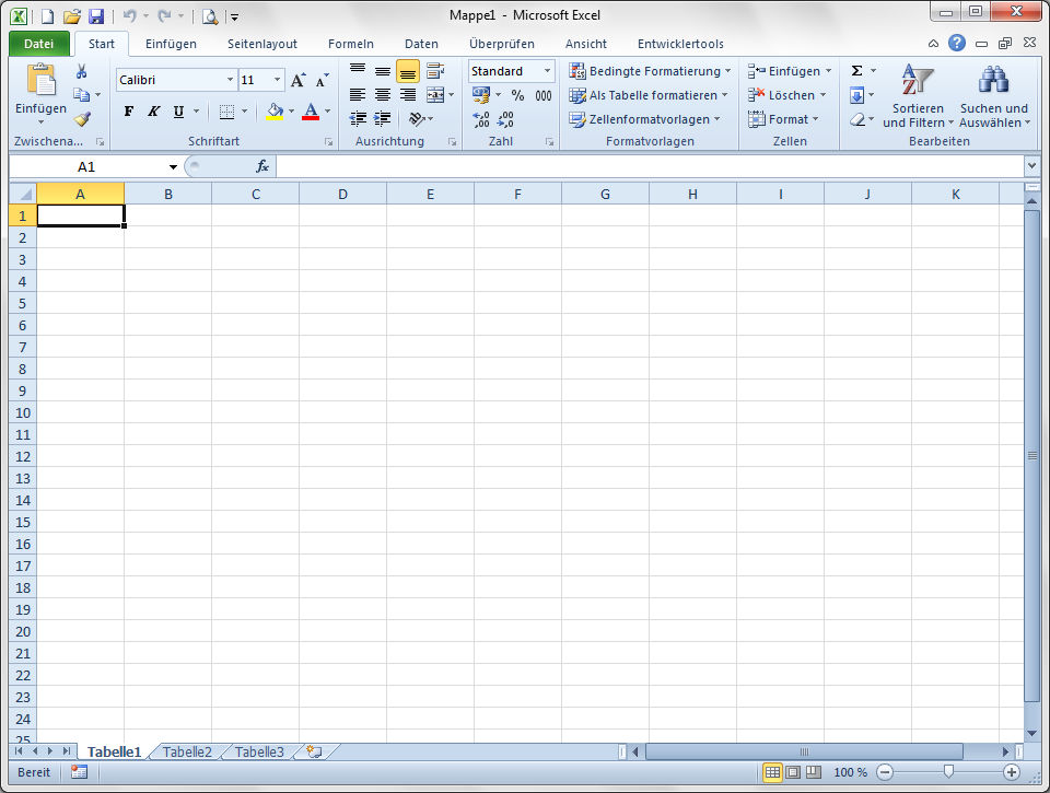 Die Arbeitsumgebung von Excel 2010 Menüband mit Registern (Ribbon) Register Datei (Backstageansicht) Bearbeitungsleiste Tabellenblatt Arbeitsbereich Bildlaufleisten Statusleiste Auswahl der