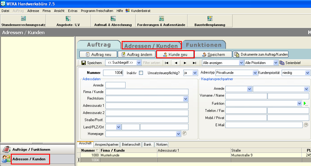 Programmbedienung Kunden anlegen Im Auftragsmanager unter Kunden können Sie Ihre Kunden anlegen (<Kunden> links auswählen und dann oben in der Liste <Kunde neu> wählen.