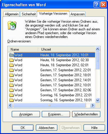 Restore der Daten unter Windows XP: Sobald sie mit ihrem Heimatverzeichnis verbunden sind, können sie über das Kontextmenü im Windows Explorer die Daten wiederherstellen.