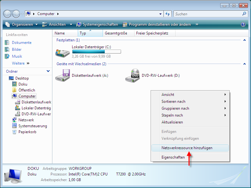 Direktzugriff auf den Dokumenten-Server unter Windows Vista Wählen Sie im Kontextmenü den Eintrag Netzwerkressource hinzufügen. Das Dialogfenster Einen Netzwerkort hinzufügen öffnet sich. Abbildung 7.