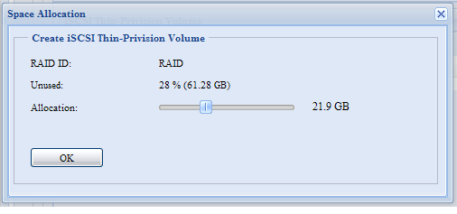 Richten Sie anschließend die physikalische Kapazität des iscsi-thin-provisioning-laufwerks ein, indem Sie die Allocation (Zuweisung)-Leiste auf die gewünschte Größe verschieben.