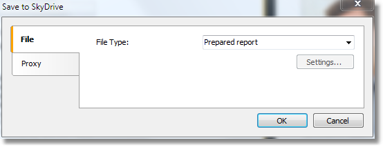 Auf dem Reiter Datei können Sie den Typ der zu speichernden Datei wählen (einen fertigen Bericht, oder eine der Exportdateien). Bei Exportdateien wird der Button Optionen aktiviert.