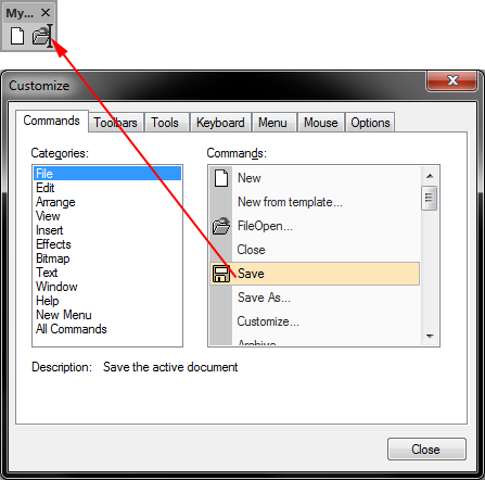 This will create a small empty new toolbar. C lick on the tab 'C ommands' (1). From the 'C ategories' list (2) on the left select the menu you want to use.