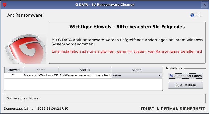 Hier können Sie auswählen auf welcher infizierten Partition der Ransomware Cleaner installiert werden soll. Nachdem Sie auf Installieren und Ok klicken wird Ihr System automatisch neu gestartet.