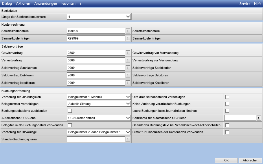 2.1.3 Konfiguration Die einzelnen Bereiche dieses Dialoges, werden Ihnen in den folgenden Kapiteln erklärt. 2.1.3.1 Basisdaten Länge der Sachkontennummern Wählen Sie hier die gewünschte Länge Ihrer Sachkontennummern aus.