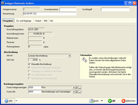 Finanzbuchhaltung 1.000,00 Euro nicht in den Anlagenpool( siehe S. 303) einfließen muss dieses Kennzeichen aktiviert werden. Dadurch ist es möglich, Nutzungsdauer und AfA-Art anzugeben.