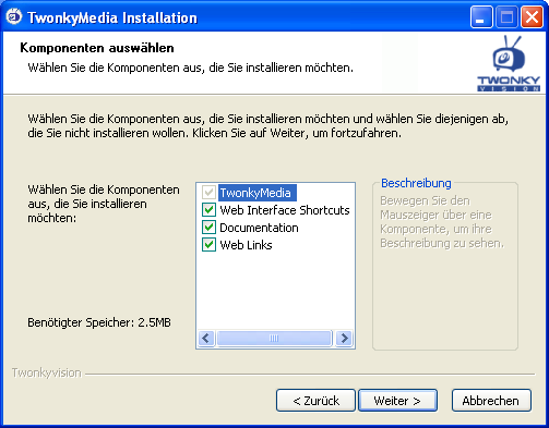 Zusätzlich zur TwonkyMedia Serversoftware können Sie auch Verknüpfungen zur Dokumentation und relevanten Webseiten installieren.