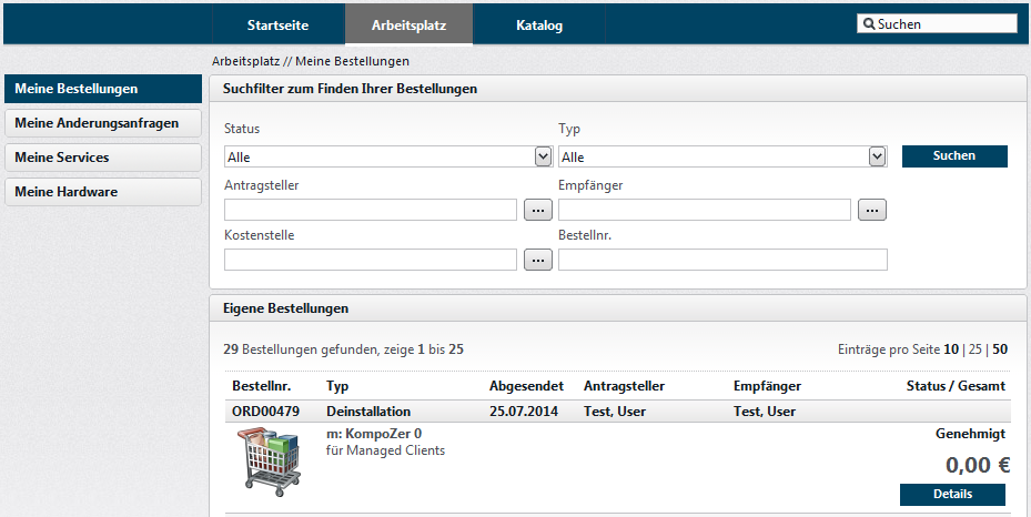 Unter Arbeitsplatz Meine Bestellungen Seite Arbeitsplatz//Meine Bestellungen wird die angeforderte Deinstallation der Software als Order mit fortlaufender Nummer angezeigt.