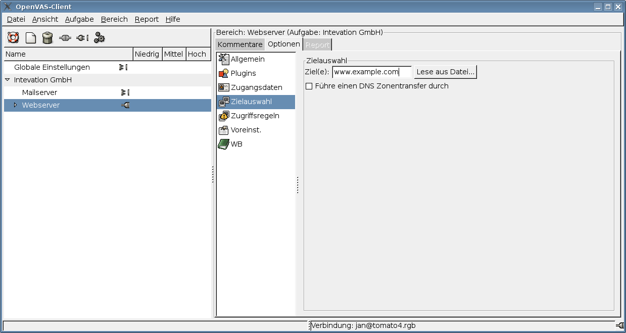 OpenVAS Kompendium 1.0.1 20090115 43 Nur eine vergleichsweise kleine Zahl von Plugins bietet die Möglichkeit einer Konfiguration. 6.3.5 Zielauswahl Ziel(e) Die ersten Hosts, die durch den OpenVAS Server überprüft werden sollen.