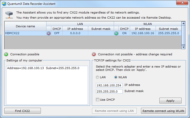 QuantumX Data Recorder CX22 W 25 Fig. 6.2: Display in QuantumX Data Recorder Assistant after a network search (WLAN example) 4. Select the CX22 W in the top list. 5.