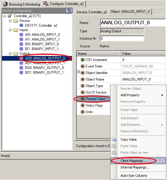104 Beispielkonfiguration WAGO-Software 759 4.4 Erstellen eines Client Mappings 1. Öffnen Sie das Register Configure. 2. Wählen Sie im Ordner Inputs ein Objekt, z. B. Analog Output 0 aus. 3.