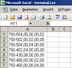 24 Der WAGO-Software 759 Aufbau der Datei Pro Zeile wird eine Klemme aufgeführt. Die Zeilen liegen unsortiert vor. Abbildung 18: Auszug terminal.csv Jede Zeile enthält 5 Spalten, bzw.