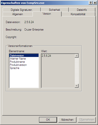 Abbildung 3: Eingesetzte Softwareversion der ExmpSrv.