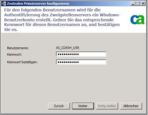 Konfigurieren von Global Dashboard 4. Klicken Sie auf "Weiter". Der Bildschirm für die Eingabe der Benutzerauthentifizierungsdaten wird angezeigt. 5.