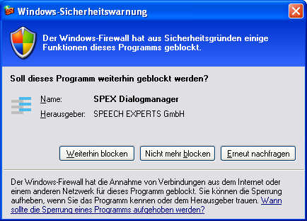 Beim Programmstart öffnet sich evtl. eine Warnmeldung der Firewall. Die SPEXBOX benötigt Zugang zum Netzwerk.