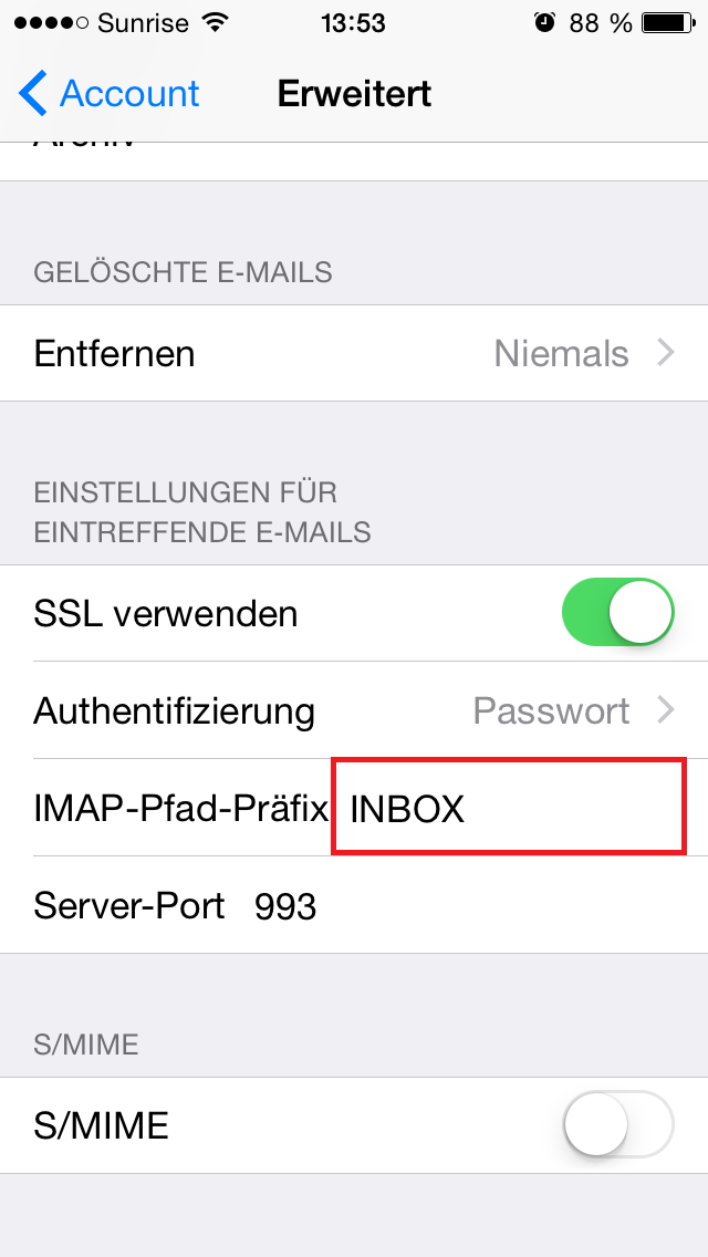 Ab ios7 tragen Sie unter "Erweitert" anschliessend noch den IMAP-Pfad-Präfix INBOX ein. 5. Schliessen Sie die Einstellungen mit "sichern" ab. 6.