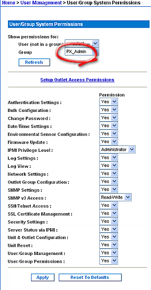 Anhang G: Veranschaulichung der LDAP-Konfiguration 5. Wiederholen Sie die Schritte 2 bis 4, um die Berechtigungen für die Gruppe "PX_Admin" festzulegen.