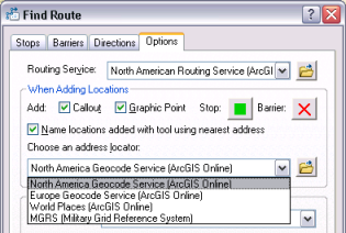 Die ArcGIS Online-Geokodierungs-Services können auf der Registerkarte Optionen über die Dropdown- Liste Adressen-Locator wählen aufgerufen werden.