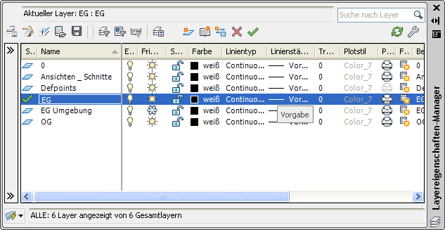Abbildung 6: Layerstruktur der Datei BVG_090918_gesamt.dwg im ACA 2012 Im Modellbereich der DWG-Datei sind u.a. echte Schraffuren, Blöcke und Bemaßungen (AutoCAD-Bemaßungen, keine AEC-Bemaßungen) enthalten.