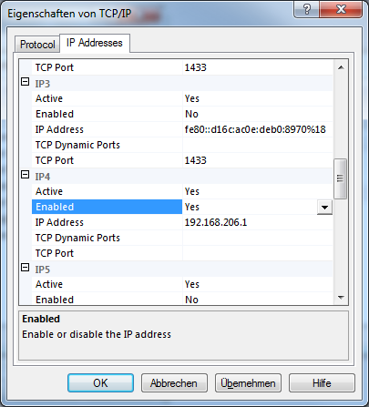 o TCP/IP enabled ist - 12 - o die IP-Adresse(n), unter der der SQL-Server erreichbar sein soll, aktiviert und enabled ist.